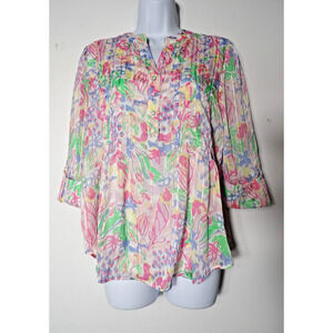 Kim Rogers PS Petite Small Top Shirt Blouse Floral Colorful Tropical Semi Sheer